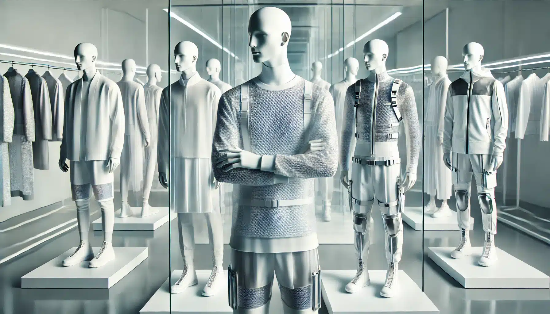 DALL·E 2025 01 21 14.37.38 A sleek and futuristic depiction of models showcasing advanced thermal comfort fabrics. The models wear high tech outfits in minimalist white tones f