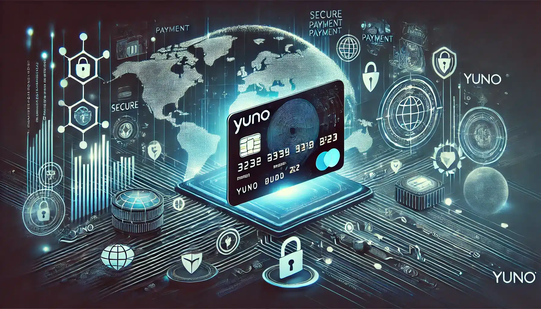 DALL·E 2025 01 21 15.15.36 A modern and visually striking digital representation of the Yuno payment platform. The design features a central focus on layered futuristic virtual