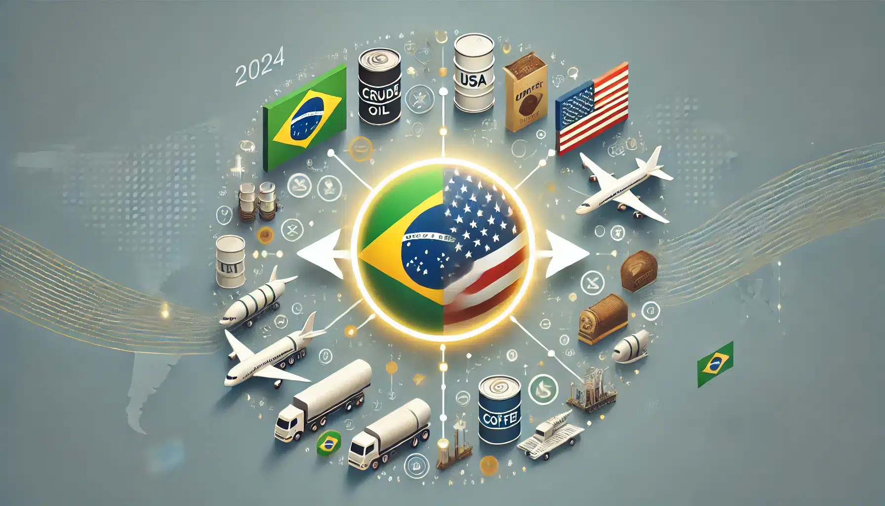 DALL·E 2025 01 21 15.40.47 A clean and modern cover image representing Brazils record exports to the United States in 2024. The design features the flags of Brazil and the Unit