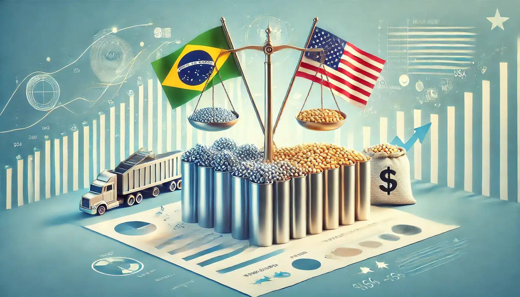 DALL·E 2025 01 22 09.28.30 An abstract illustration representing the impact of international trade focusing on commercial relations between Brazil and the United States. The ce