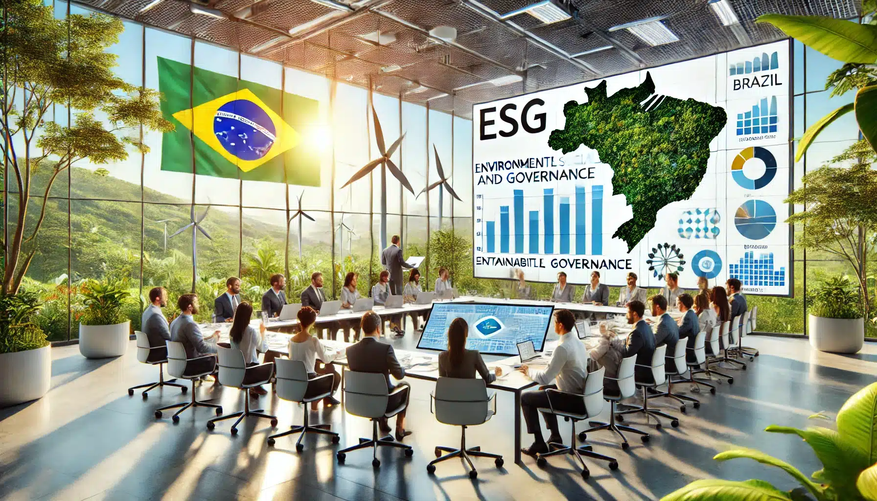 DALL·E 2025 01 22 13.17.01 A hyper realistic depiction of ESG Environmental Social and Governance training in Brazil. The scene shows a diverse group of professionals in a m