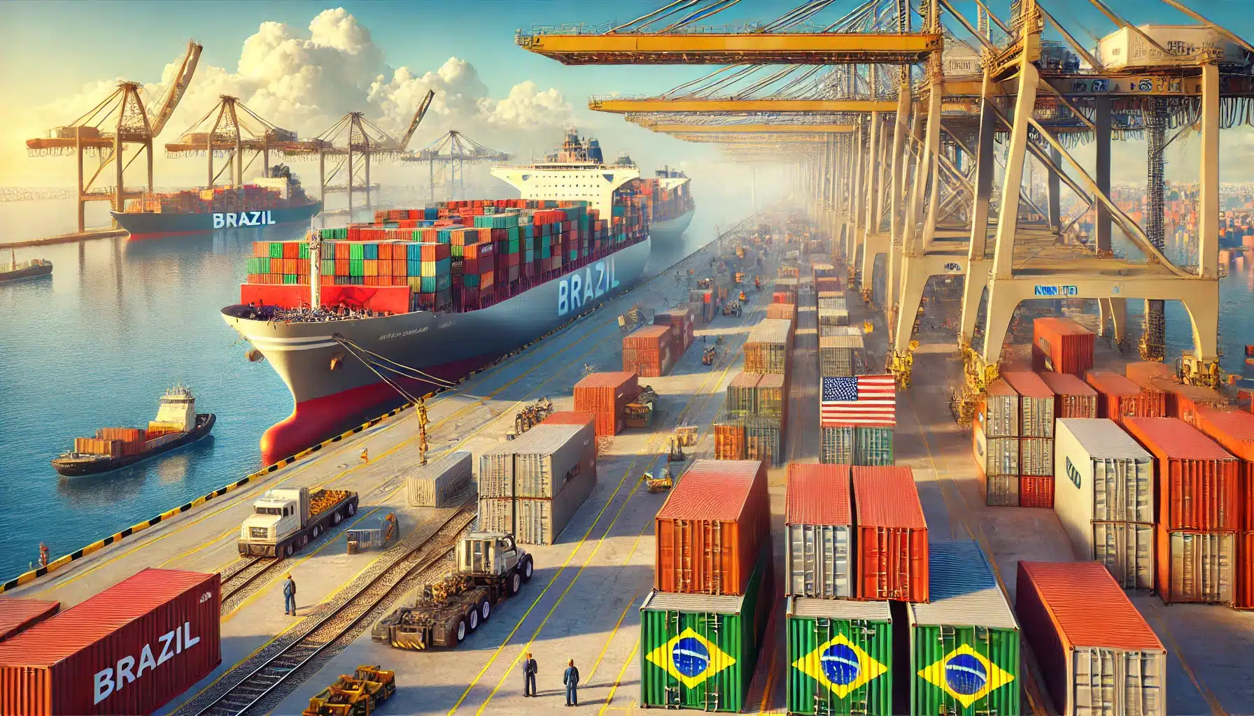 DALL·E 2025 01 23 11.17.16 A highly realistic scene of export activities between Brazil and the United States. The image features a bustling port with large cargo ships being lo