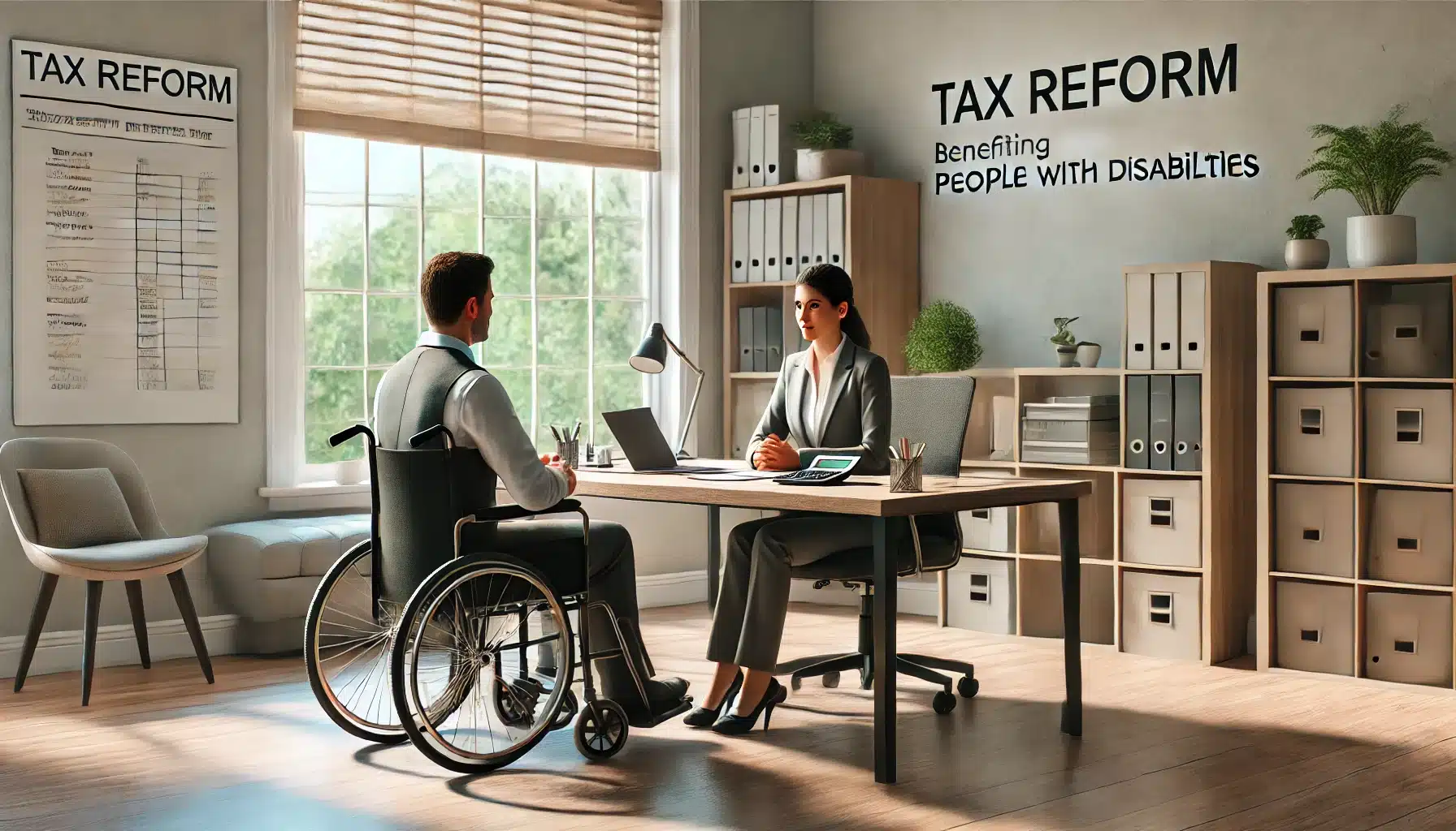 DALL·E 2025 01 23 14.04.47 A hyper realistic scene depicting a tax reform discussion benefiting people with disabilities. The setting is a modern office with neutral tones and n