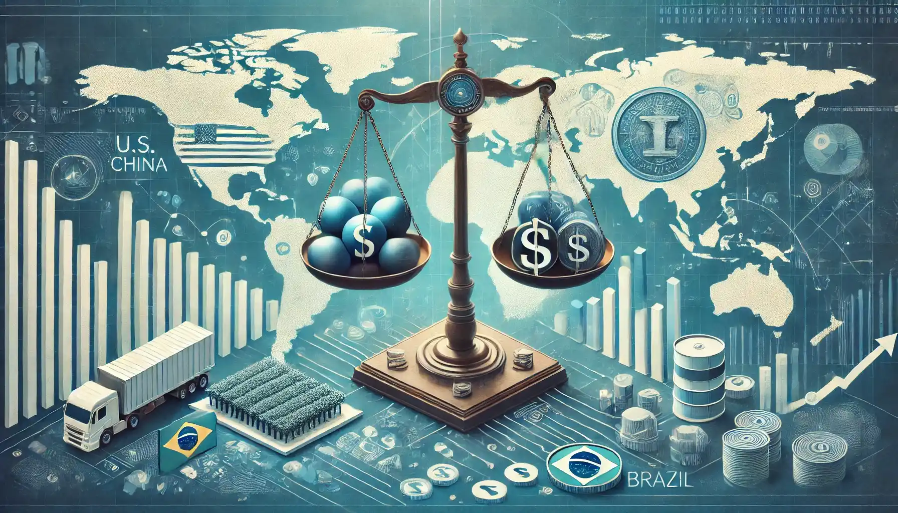 DALL·E 2025 01 24 09.43.09 A visually compelling conceptual representation of the impact of U.S. tariffs on China on the Brazilian economy. The image shows symbolic elements suc 1