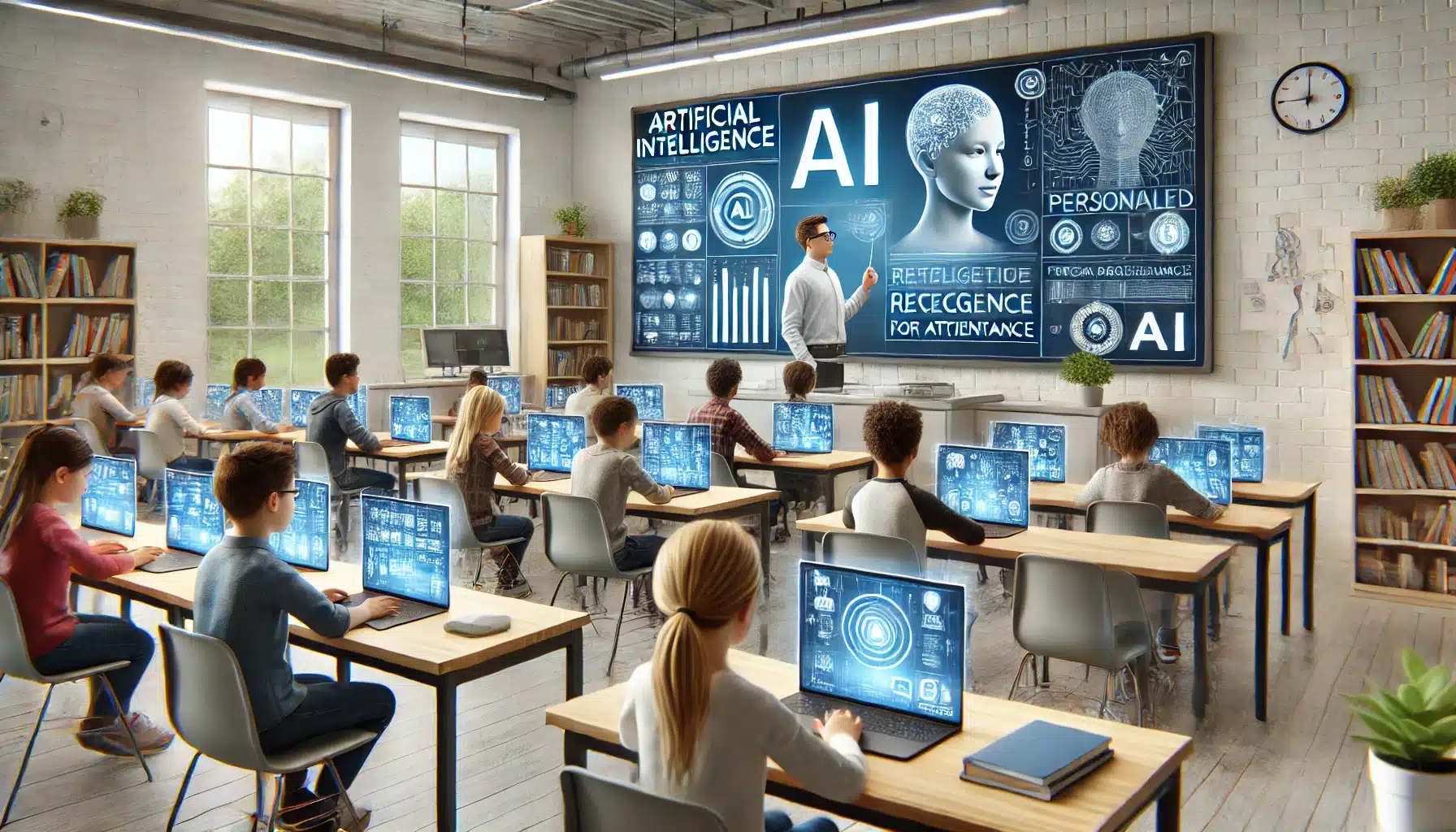 DALL·E 2025 01 24 14.54.49 A hyper realistic image of artificial intelligence in education showing a contemporary classroom environment where a teacher uses an advanced AI powe