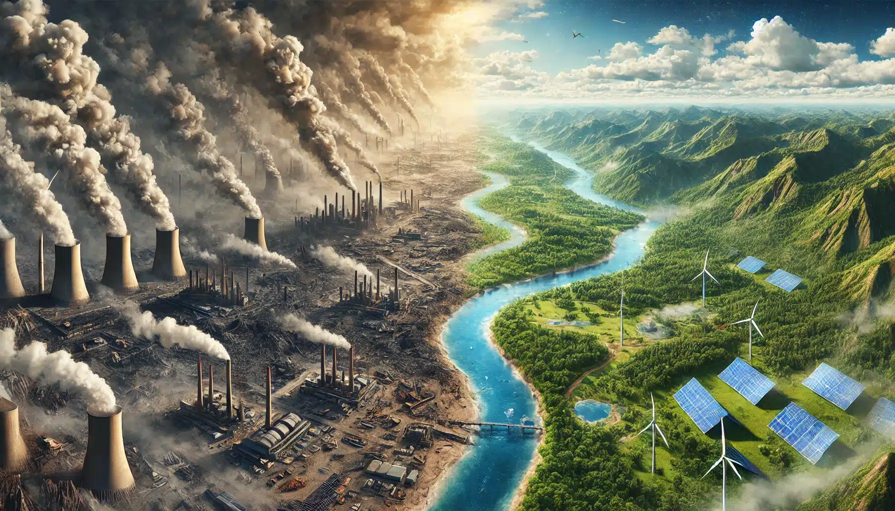 DALL·E 2025 01 29 15.44.43 A photorealistic image illustrating the real world impacts of environmental policies. The scene is divided into two contrasting halves on one side a