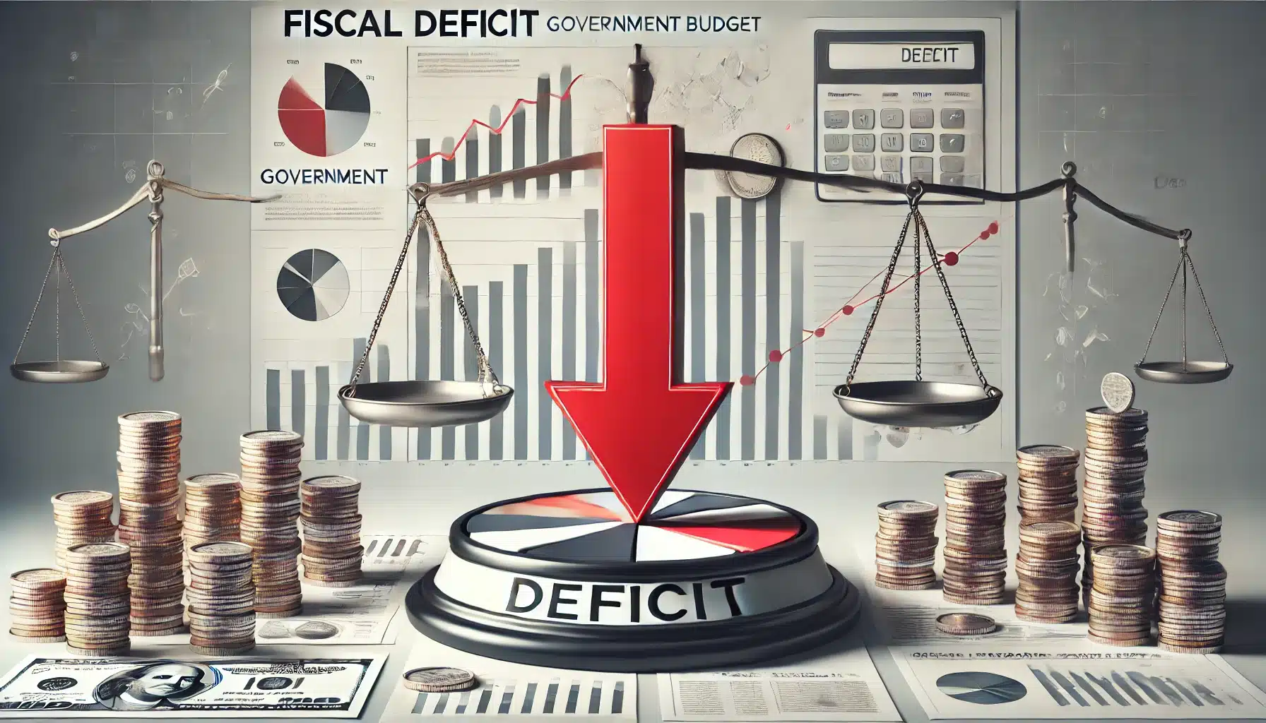 DALL·E 2025 01 30 15.49.49 A professional and modern representation of fiscal deficit. The image features a financial chart with a sharp downward red arrow symbolizing governme