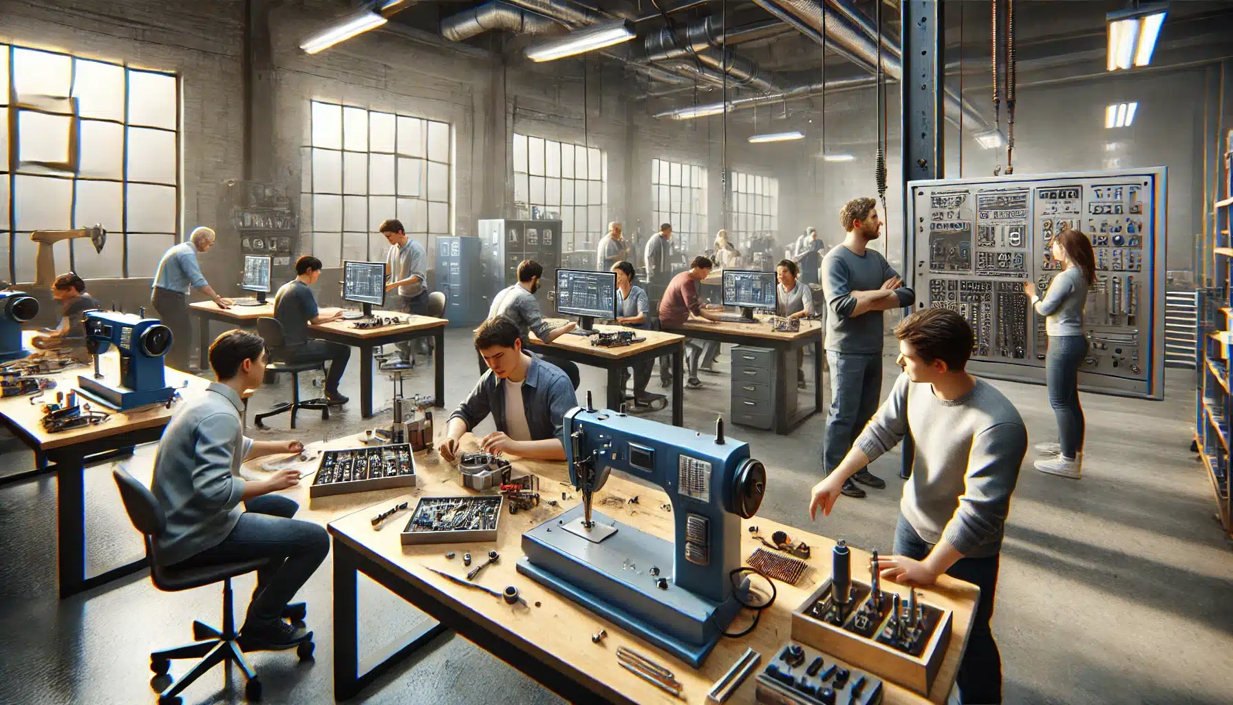 DALL·E 2025 01 31 13.37.42 A highly realistic image depicting technical training in a modern workshop or classroom. A diverse group of people is actively engaged in hands on lea