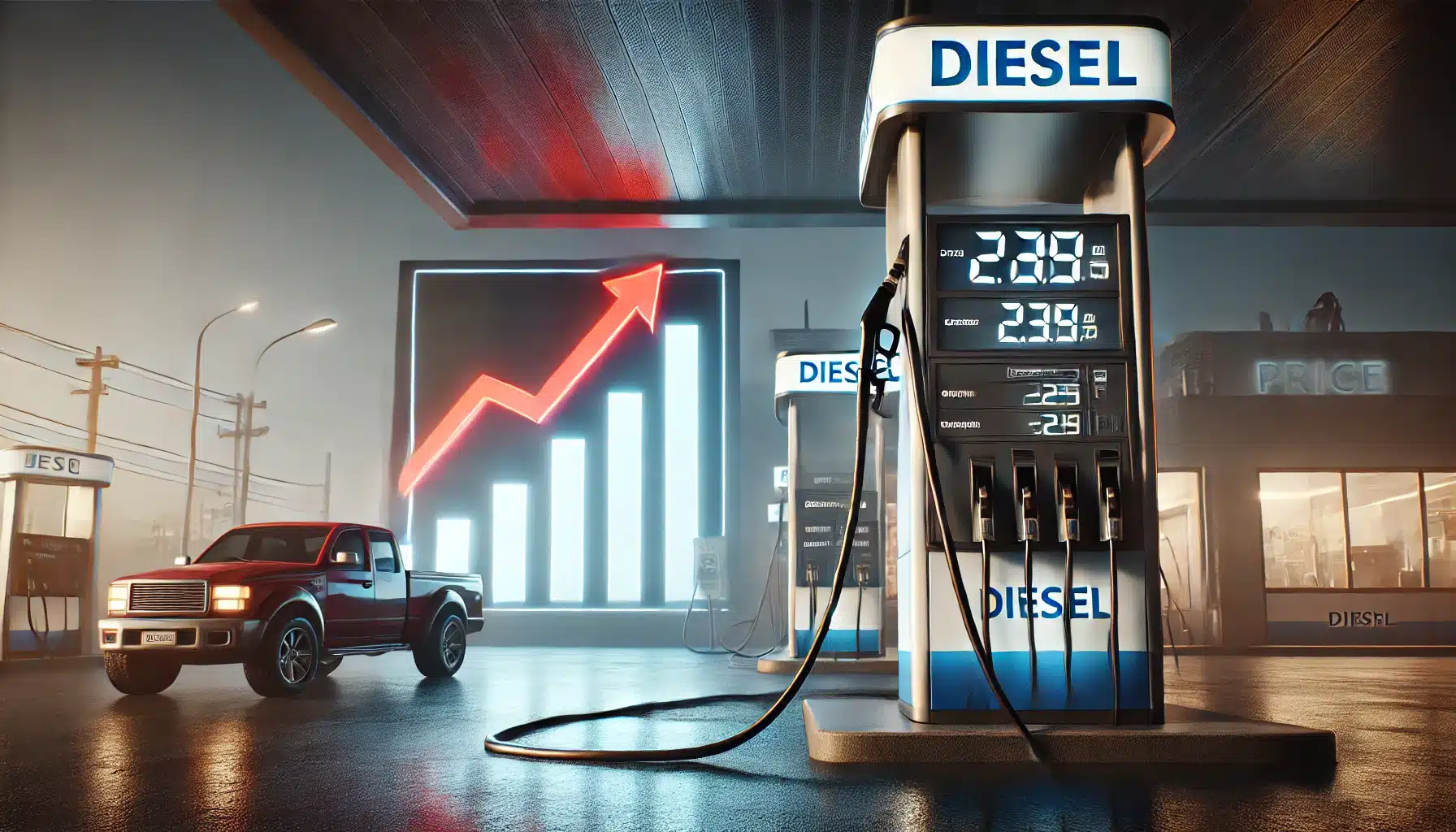 DALL·E 2025 01 31 15.20.18 A highly realistic image representing the increase in diesel prices. The scene features a close up of a fuel pump at a gas station displaying a high