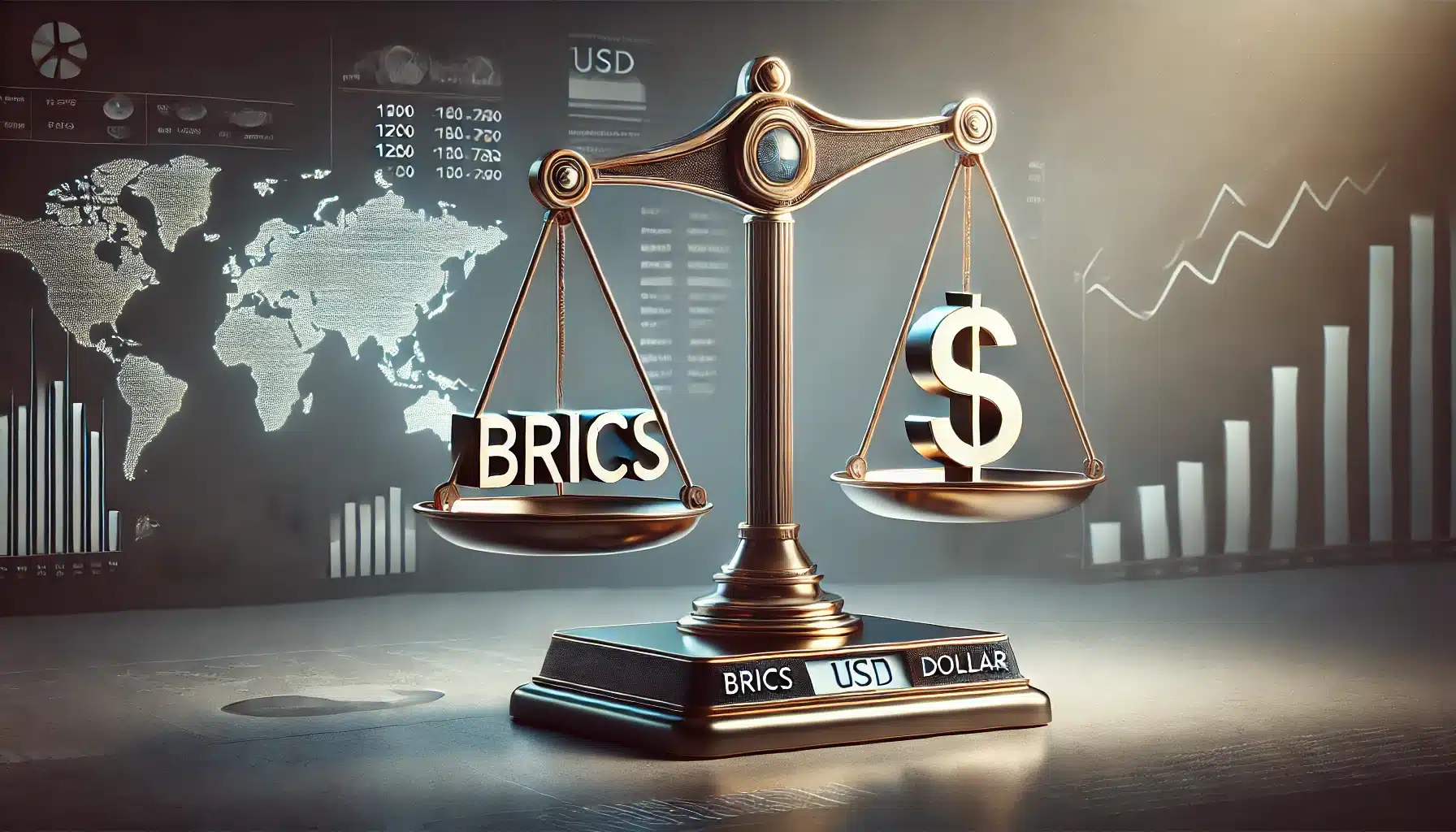 DALL·E 2025 01 31 16.06.12 A highly realistic image representing the economic balance between BRICS and the US dollar. The scene features a sleek modern balance scale symbolizi 1