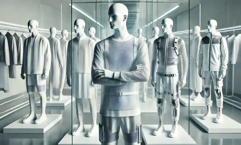 DALL·E 2025 01 21 14.37.38 A sleek and futuristic depiction of models showcasing advanced thermal comfort fabrics. The models wear high tech outfits in minimalist white tones f