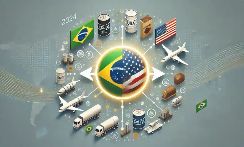 DALL·E 2025 01 21 15.40.47 A clean and modern cover image representing Brazils record exports to the United States in 2024. The design features the flags of Brazil and the Unit