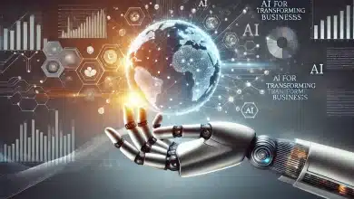 DALL·E 2025 01 21 17.03.31 A high quality visually striking concept representing AI for Transforming Businesses. The image features a futuristic robotic hand gently interacti