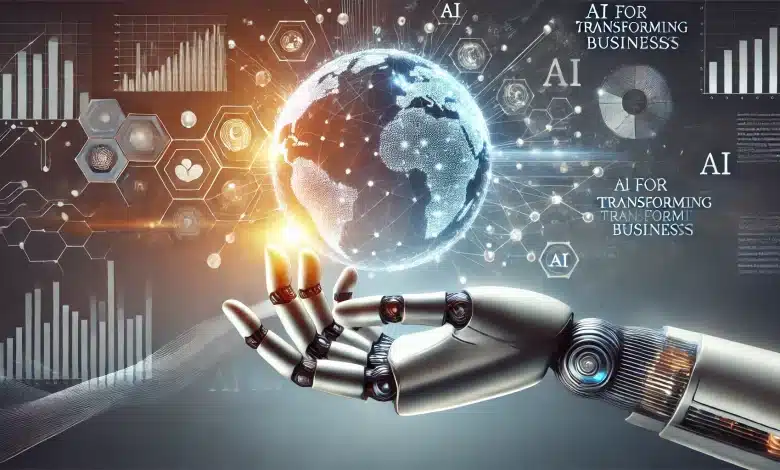 DALL·E 2025 01 21 17.03.31 A high quality visually striking concept representing AI for Transforming Businesses. The image features a futuristic robotic hand gently interacti