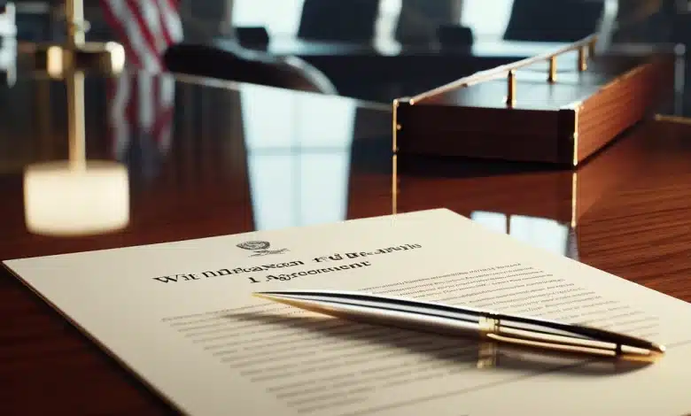 DALL·E 2025 01 21 17.53.43 A close up view of a desk in a formal office setting. The scene focuses on a document titled Withdrawal from Paris Agreement placed on a polished wo