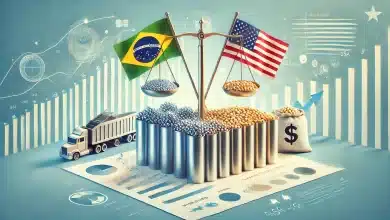 DALL·E 2025 01 22 09.28.30 An abstract illustration representing the impact of international trade focusing on commercial relations between Brazil and the United States. The ce