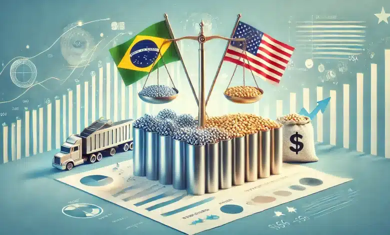 DALL·E 2025 01 22 09.28.30 An abstract illustration representing the impact of international trade focusing on commercial relations between Brazil and the United States. The ce