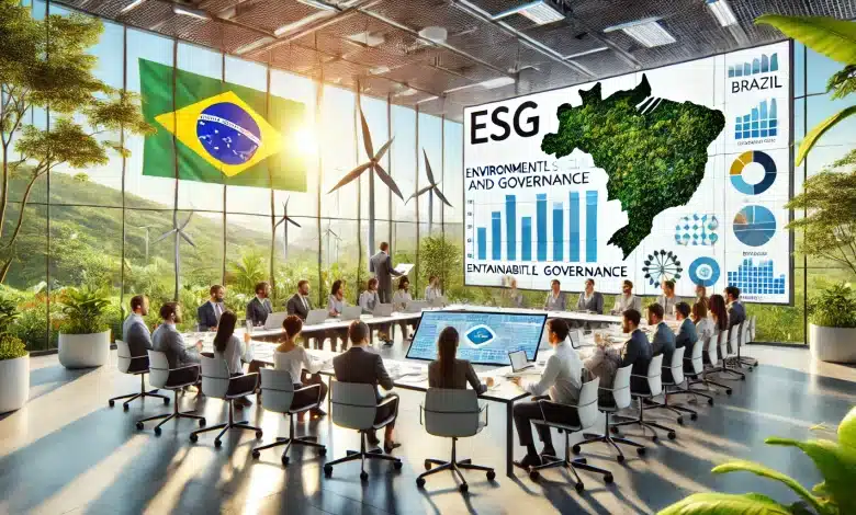 DALL·E 2025 01 22 13.17.01 A hyper realistic depiction of ESG Environmental Social and Governance training in Brazil. The scene shows a diverse group of professionals in a m