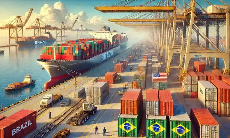 DALL·E 2025 01 23 11.17.16 A highly realistic scene of export activities between Brazil and the United States. The image features a bustling port with large cargo ships being lo