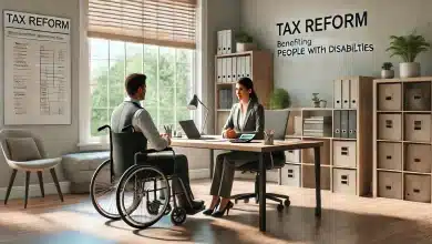 DALL·E 2025 01 23 14.04.47 A hyper realistic scene depicting a tax reform discussion benefiting people with disabilities. The setting is a modern office with neutral tones and n