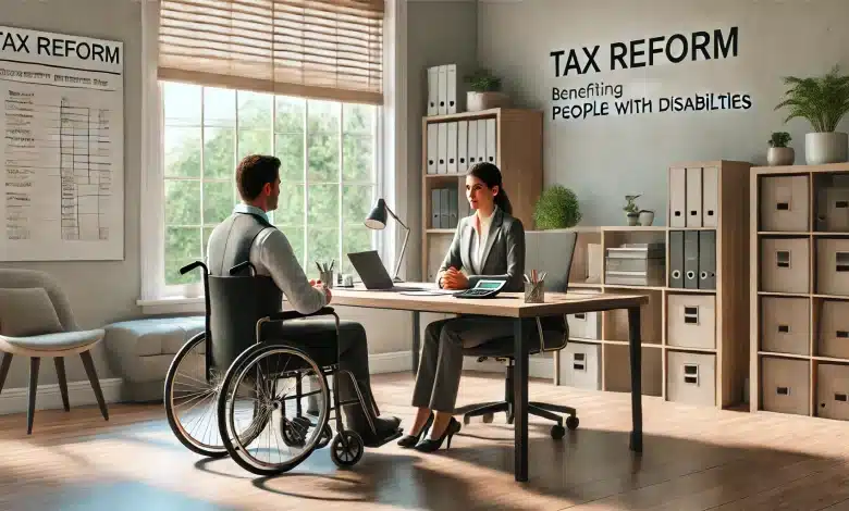 DALL·E 2025 01 23 14.04.47 A hyper realistic scene depicting a tax reform discussion benefiting people with disabilities. The setting is a modern office with neutral tones and n