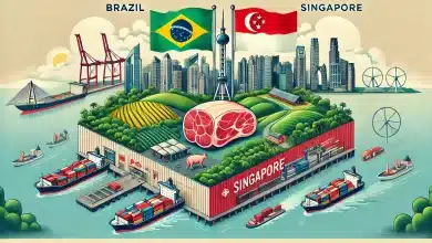 DALL·E 2025 01 23 16.36.57 A visually captivating illustration representing pork trade between Brazil and Singapore. The image features symbolic elements such as Brazils vibran