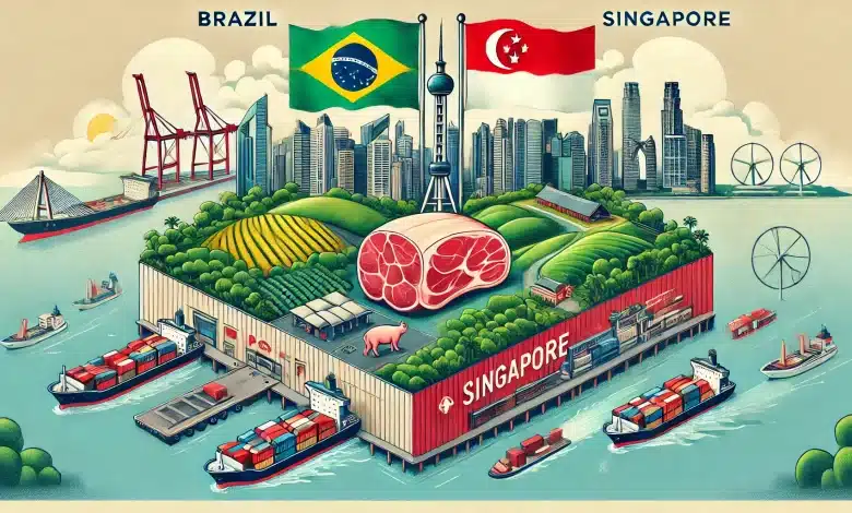 DALL·E 2025 01 23 16.36.57 A visually captivating illustration representing pork trade between Brazil and Singapore. The image features symbolic elements such as Brazils vibran