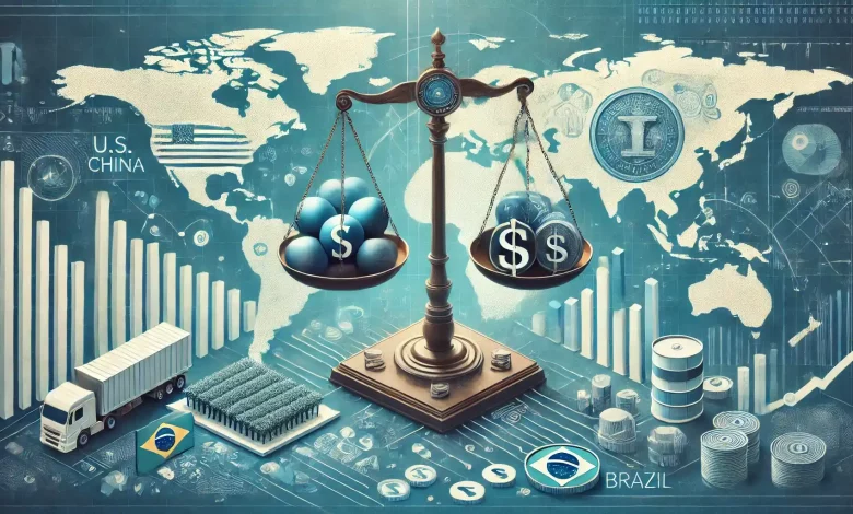 DALL·E 2025 01 24 09.43.09 A visually compelling conceptual representation of the impact of U.S. tariffs on China on the Brazilian economy. The image shows symbolic elements suc 1