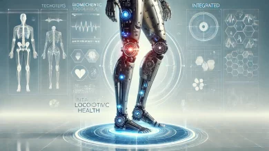 DALL·E 2025 01 24 09.51.51 A futuristic representation of technology in locomotive health showcasing a biomechanical human leg with advanced robotic enhancements and integrated 1