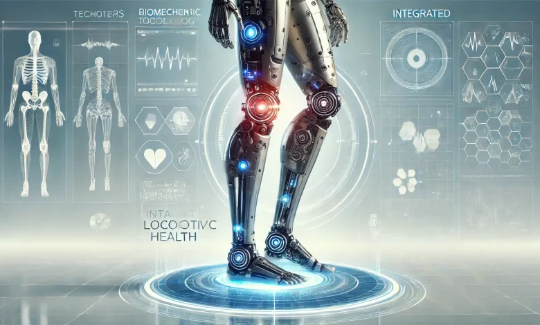 DALL·E 2025 01 24 09.51.51 A futuristic representation of technology in locomotive health showcasing a biomechanical human leg with advanced robotic enhancements and integrated 1