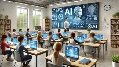 DALL·E 2025 01 24 14.54.49 A hyper realistic image of artificial intelligence in education showing a contemporary classroom environment where a teacher uses an advanced AI powe