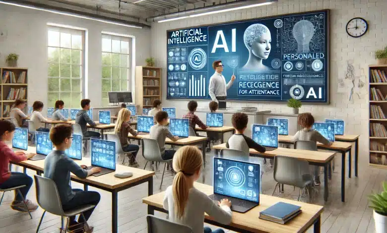 DALL·E 2025 01 24 14.54.49 A hyper realistic image of artificial intelligence in education showing a contemporary classroom environment where a teacher uses an advanced AI powe