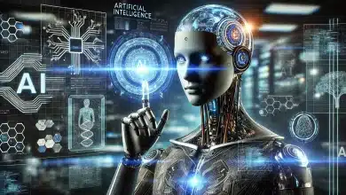 DALL·E 2025 01 24 16.20.17 A visually striking image representing artificial intelligence. The scene features a futuristic humanoid AI robot with intricate circuitry on its face