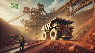 DALL·E 2025 01 28 16.00.19 A highly realistic image of a Brazilian mining site. The scene showcases a massive mining truck moving over reddish dirt terrain kicking up dust as i