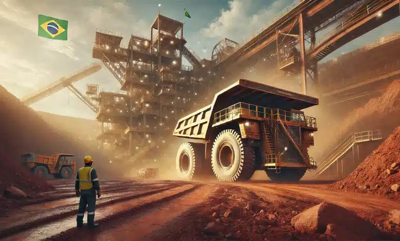 DALL·E 2025 01 28 16.00.19 A highly realistic image of a Brazilian mining site. The scene showcases a massive mining truck moving over reddish dirt terrain kicking up dust as i