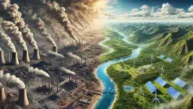 DALL·E 2025 01 29 15.44.43 A photorealistic image illustrating the real world impacts of environmental policies. The scene is divided into two contrasting halves on one side a