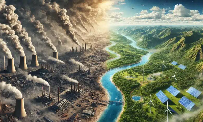 DALL·E 2025 01 29 15.44.43 A photorealistic image illustrating the real world impacts of environmental policies. The scene is divided into two contrasting halves on one side a