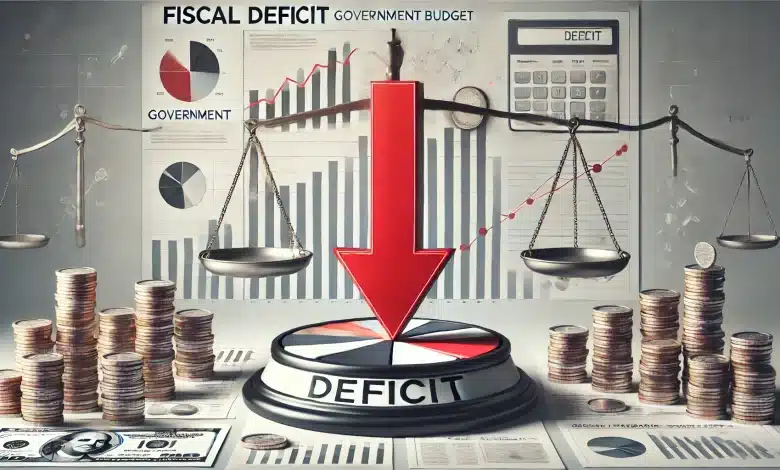 DALL·E 2025 01 30 15.49.49 A professional and modern representation of fiscal deficit. The image features a financial chart with a sharp downward red arrow symbolizing governme