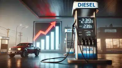 DALL·E 2025 01 31 15.20.18 A highly realistic image representing the increase in diesel prices. The scene features a close up of a fuel pump at a gas station displaying a high