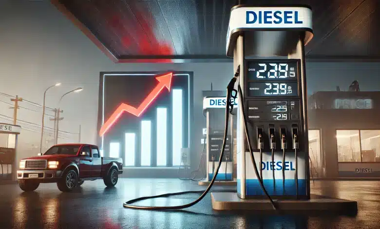 DALL·E 2025 01 31 15.20.18 A highly realistic image representing the increase in diesel prices. The scene features a close up of a fuel pump at a gas station displaying a high