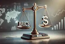 DALL·E 2025 01 31 16.06.12 A highly realistic image representing the economic balance between BRICS and the US dollar. The scene features a sleek modern balance scale symbolizi 1