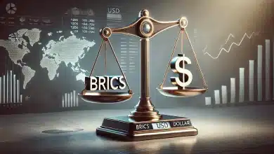 DALL·E 2025 01 31 16.06.12 A highly realistic image representing the economic balance between BRICS and the US dollar. The scene features a sleek modern balance scale symbolizi 1