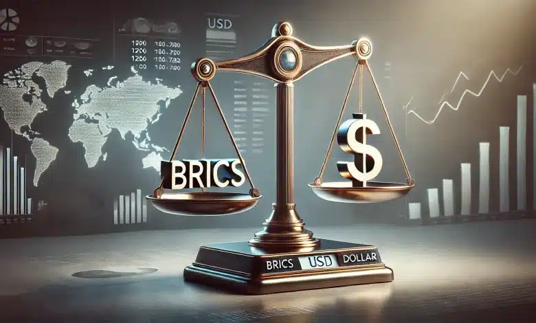 DALL·E 2025 01 31 16.06.12 A highly realistic image representing the economic balance between BRICS and the US dollar. The scene features a sleek modern balance scale symbolizi 1