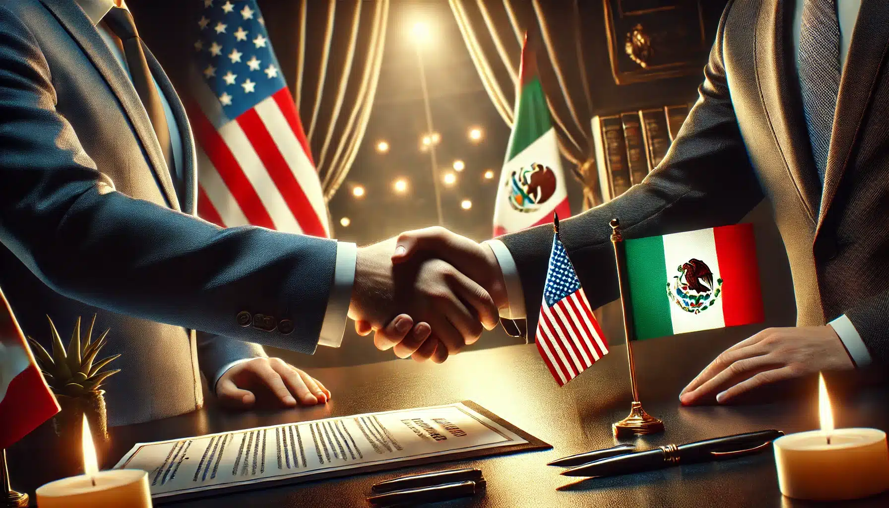 DALL·E 2025 02 05 10.15.09 A realistic and symbolic image representing an agreement between Mexico and the United States. The image features a handshake between two individuals