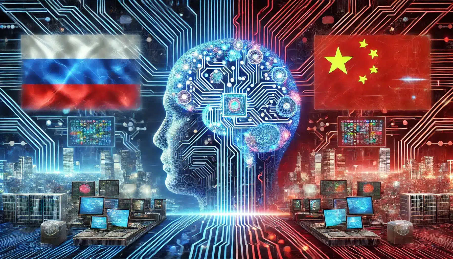 DALL·E 2025 02 06 17.06.45 Uma imagem altamente tecnologica representando a alianca de inteligencia artificial entre Russia e China sem bandeiras. A cena apresenta um fundo fut