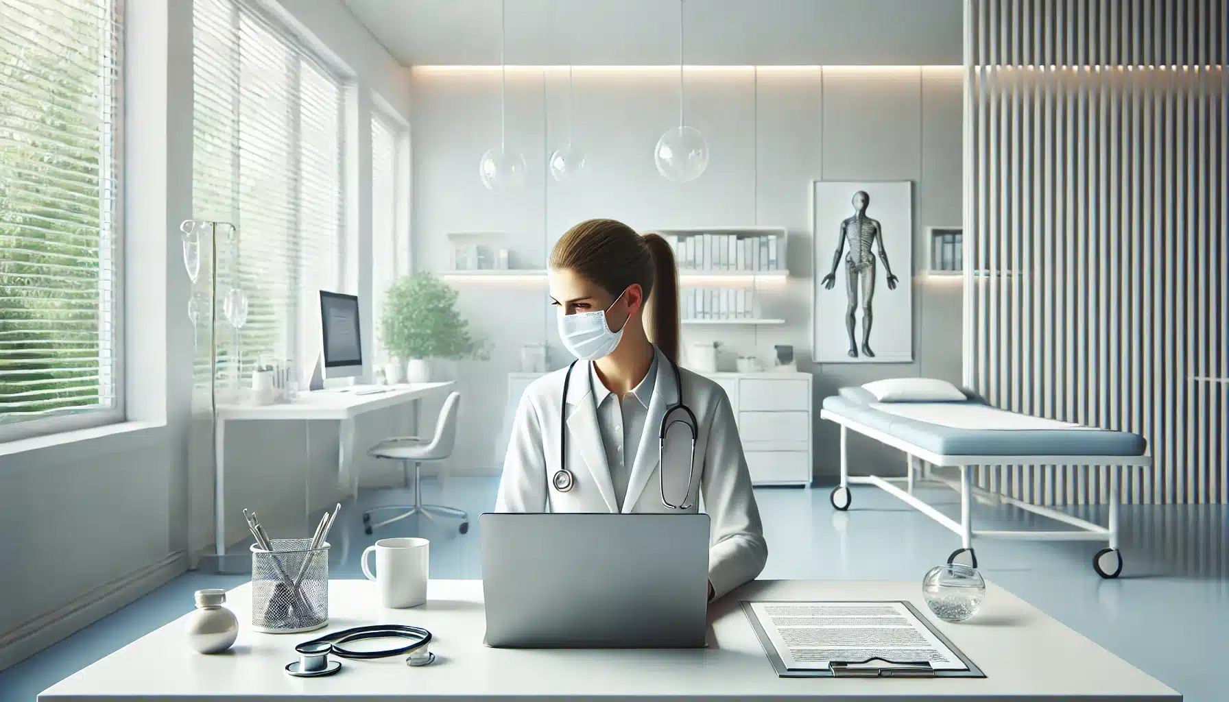 DALL·E 2025 02 18 11.09.28 A highly realistic and simple representation of a health startup. A healthcare professional dressed in a white coat is working on a laptop in a mode