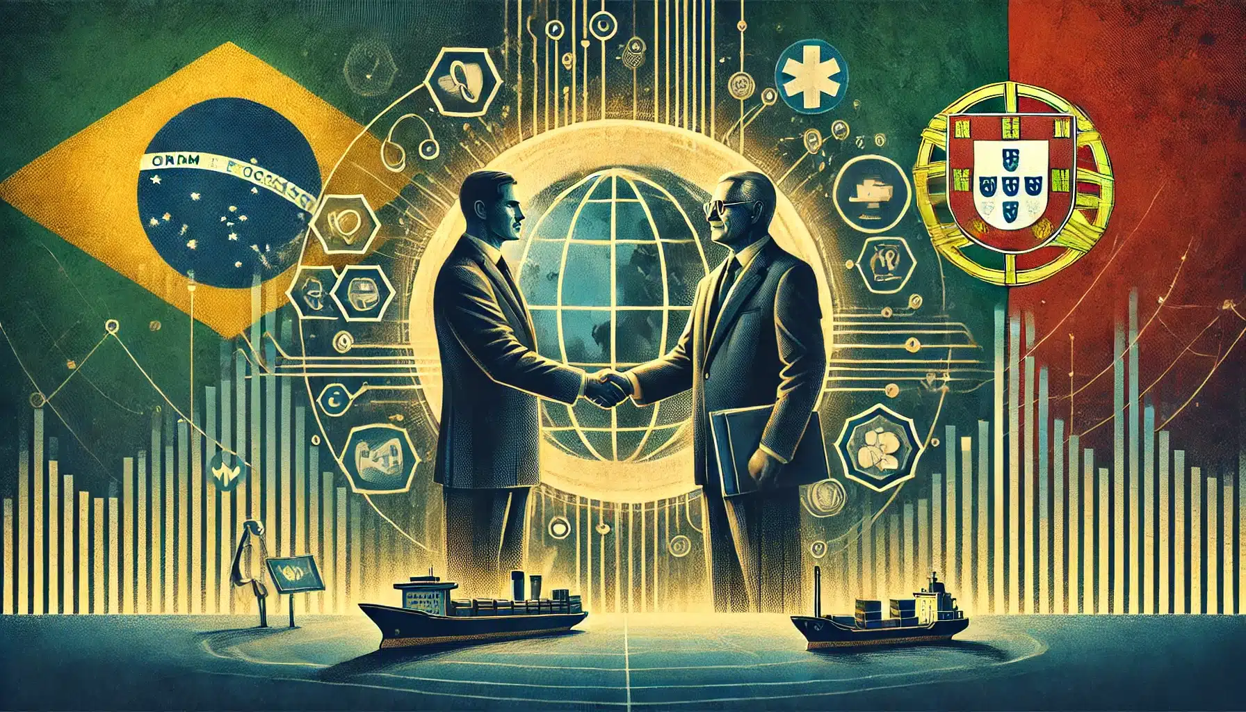 DALL·E 2025 02 20 15.57.37 A symbolic and diplomatic representation of the strengthened ties between Brazil and Portugal. The scene features two leaders shaking hands in a forma