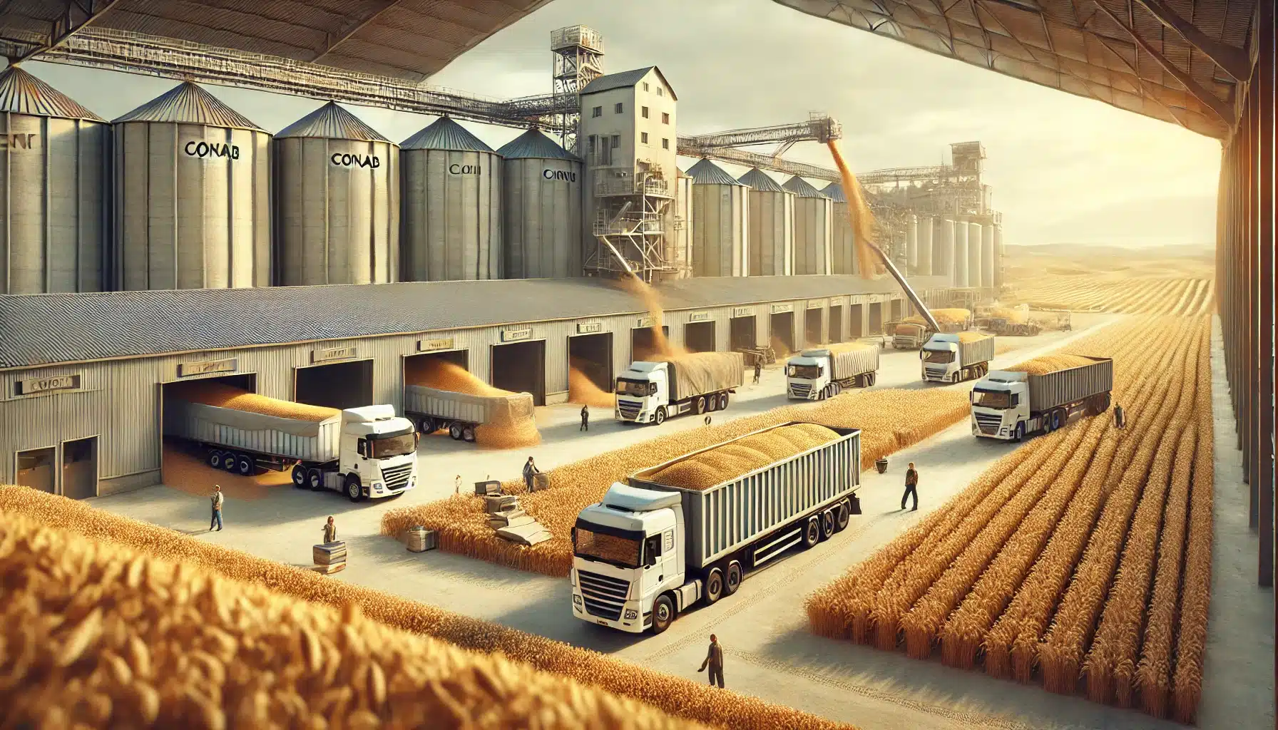 DALL·E 2025 02 20 17.22.40 A realistic representation of the resumption of wheat stock formation by Conab. The scene features a large warehouse filled with freshly transported w