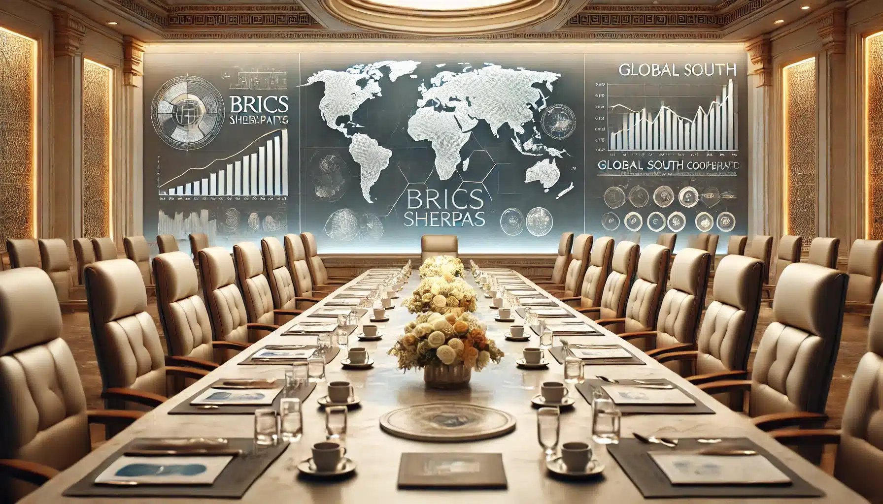 DALL·E 2025 02 25 17.12.22 A realistic and diplomatic depiction of the BRICS sherpas meeting held in Brasilia. The scene features an elegant formal conference table with neatl