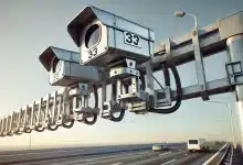 DALL·E 2025 02 04 18.07.02 A realistic image of a highway speed camera system mounted on a metal structure above the road. The cameras are positioned to monitor traffic with a